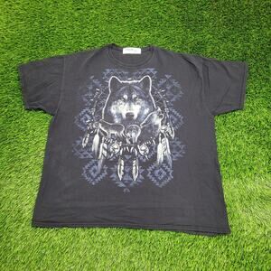 Vintage Y2K Tribal Wolf Shirt XL 25x29 Faded-Black